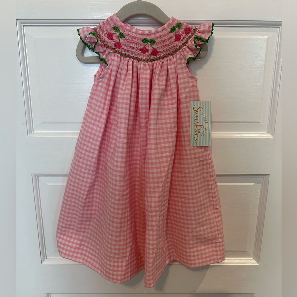 NWT Pink Gingham Cherry Smocked Dress